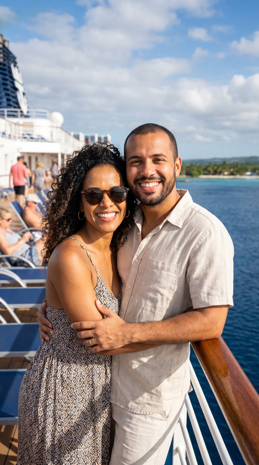 Casal apoiado na amurada durante um passeio de navio