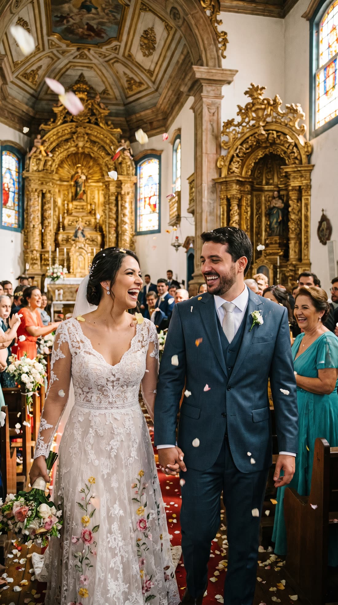 Casal recém-casado saindo da igreja sob chuva de pétalas
