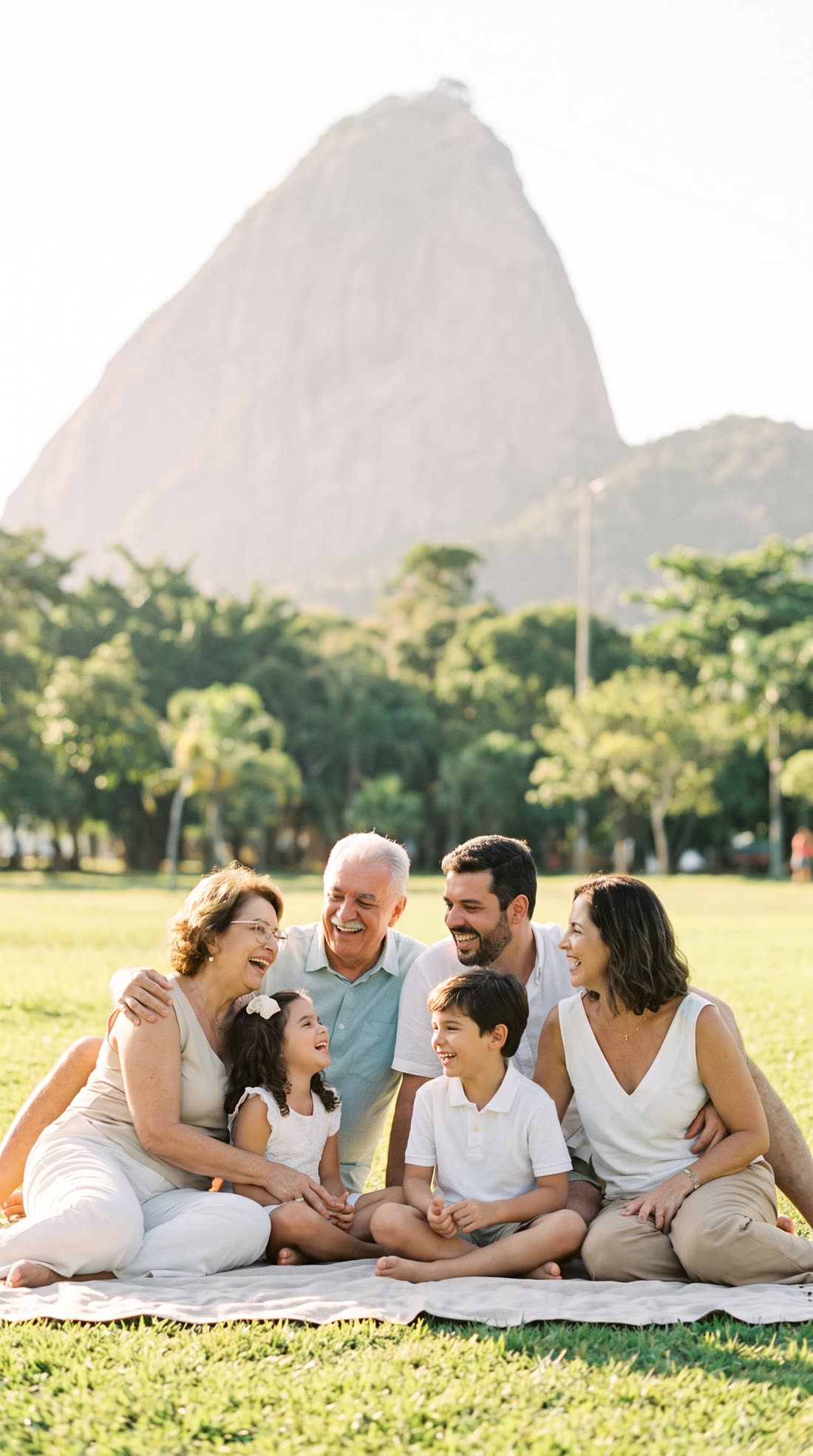 Três gerações de uma família sentadas na grama de um parque, rindo juntas