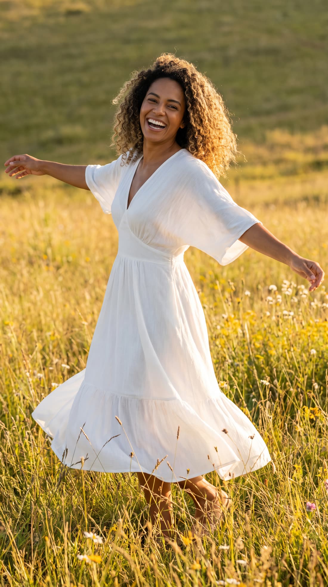 Modelo sorrindo de braços abertos em um campo na luz do fim de tarde